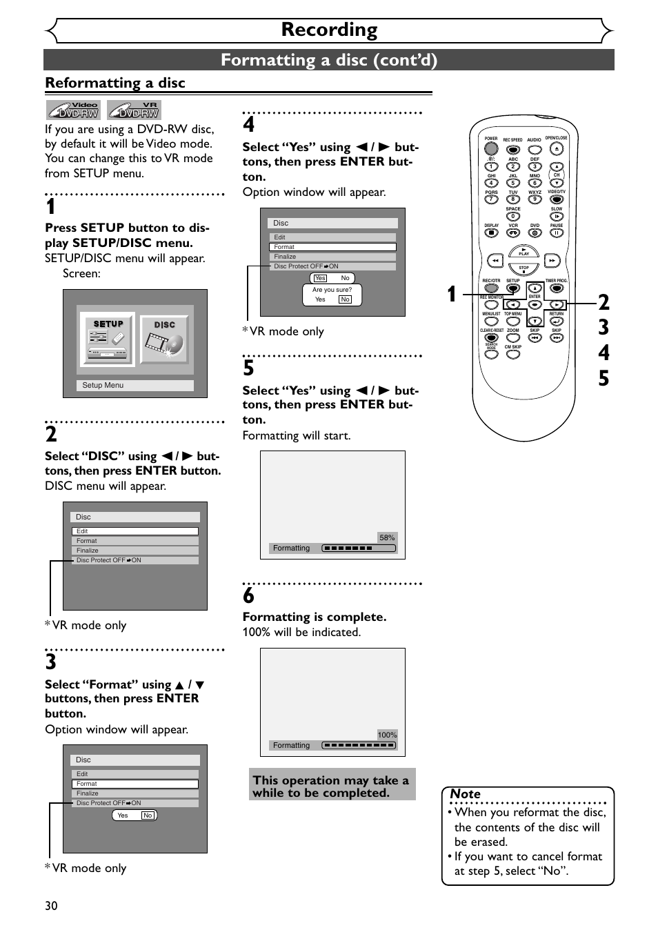 Recording, Formatting a disc (cont’d), Reformatting a disc | Emerson EWR20V4 User Manual | Page 30 / 108