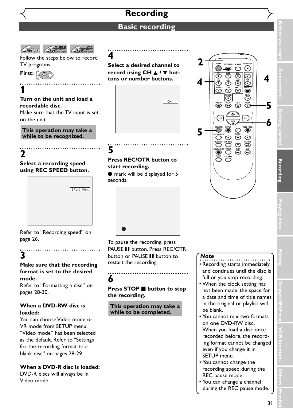 Recording, Basic recording, This operation may take a while to be recognized | Emerson EWR20V4 User Manual | Page 31 / 108