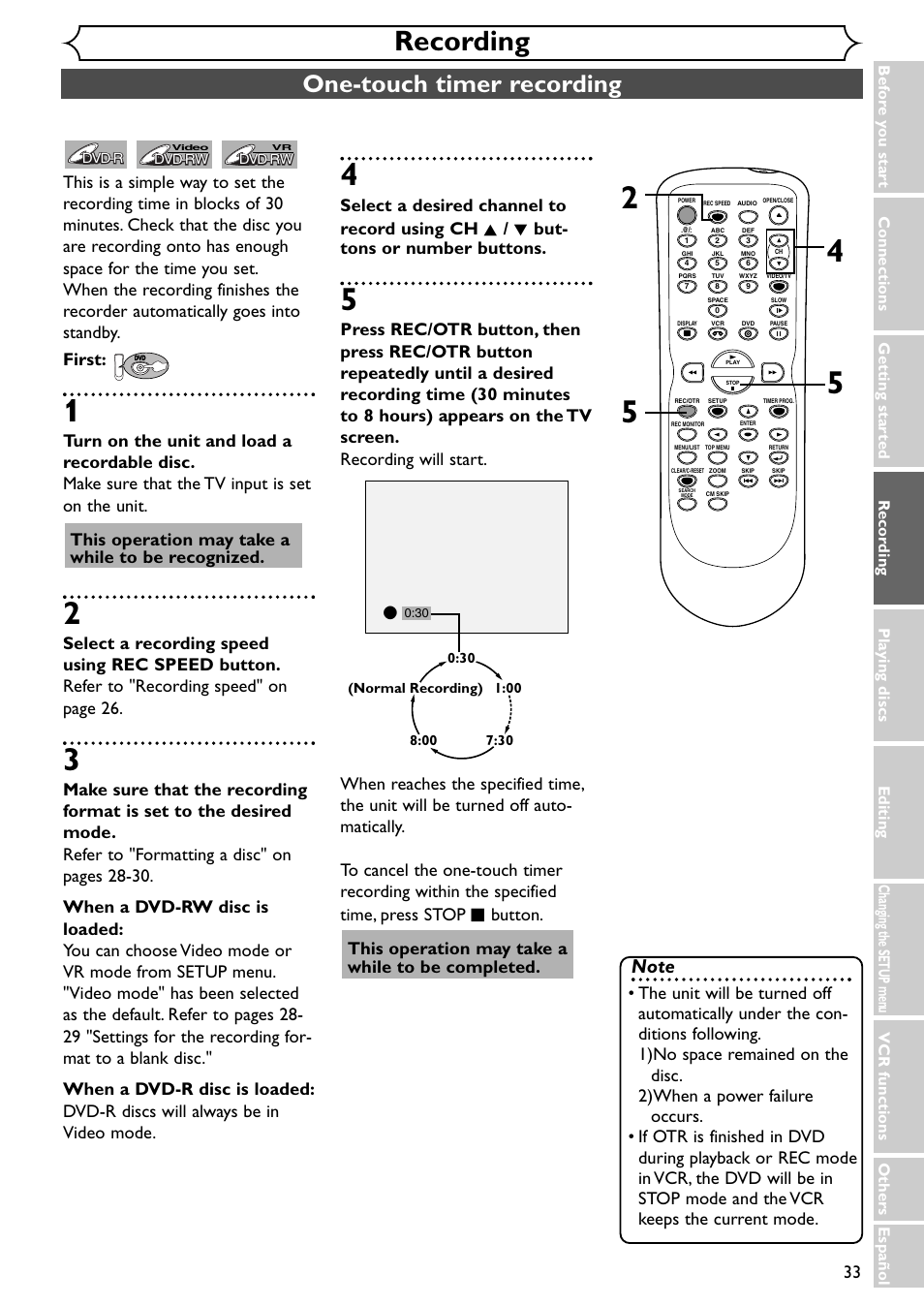 Recording, One-touch timer recording, This operation may take a while to be recognized | Emerson EWR20V4 User Manual | Page 33 / 108