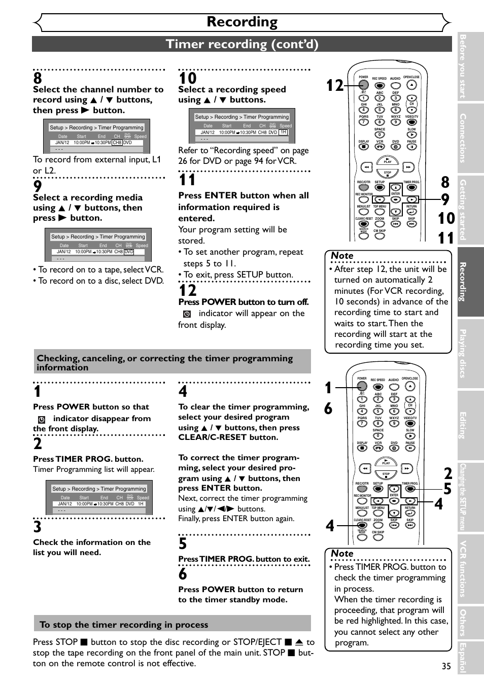 Recording, Timer recording (cont’d), Vcr functions others español | Check the information on the list you will need, Press timer prog. button to exit | Emerson EWR20V4 User Manual | Page 35 / 108