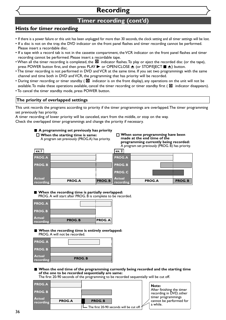 Recording, Timer recording (cont’d), Hints for timer recording | Emerson EWR20V4 User Manual | Page 36 / 108