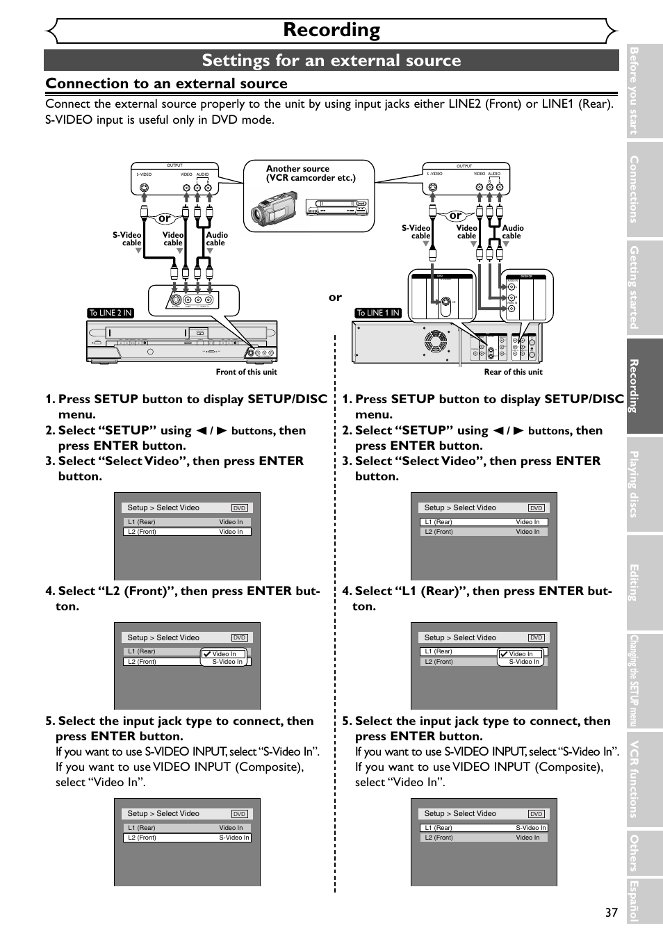 Recording, Settings for an external source, Connection to an external source | B buttons | Emerson EWR20V4 User Manual | Page 37 / 108