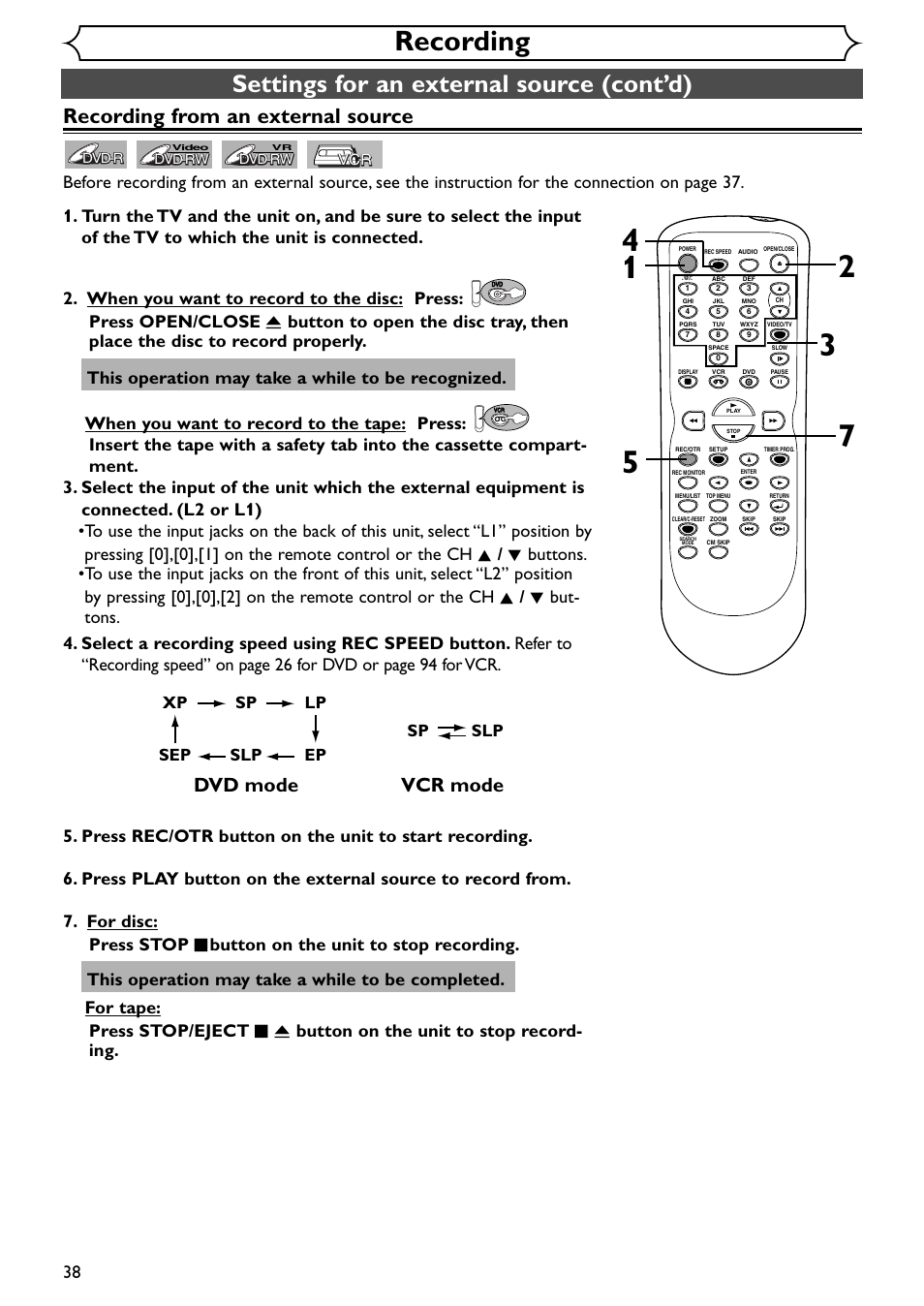 Recording, Settings for an external source (cont’d), Recording from an external source | Vcr mode, Dvd mode, This operation may take a while to be recognized, Sp slp, Xp sp lp ep slp | Emerson EWR20V4 User Manual | Page 38 / 108