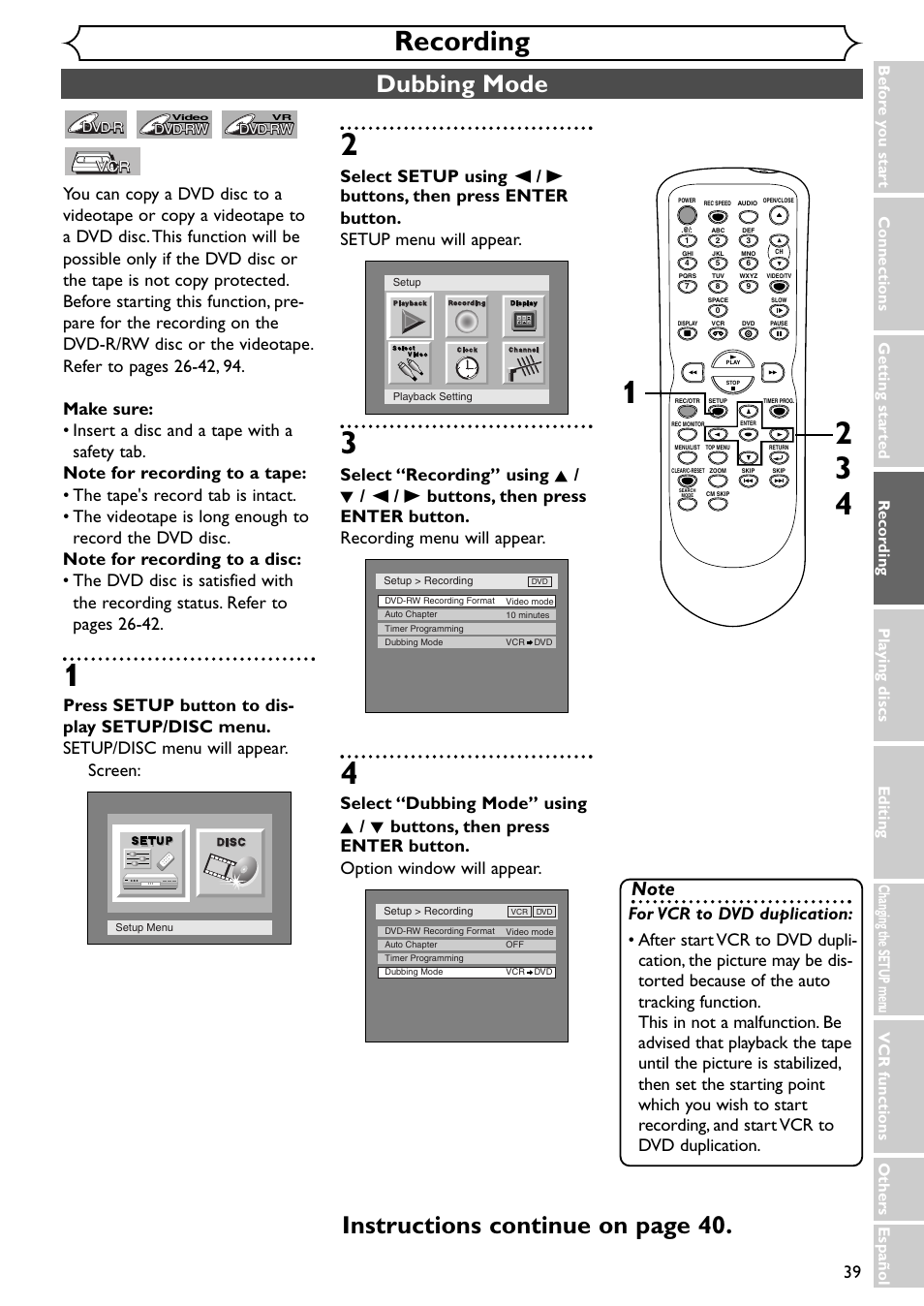 Recording, Dubbing mode, Instructions continue on page 40 | Emerson EWR20V4 User Manual | Page 39 / 108