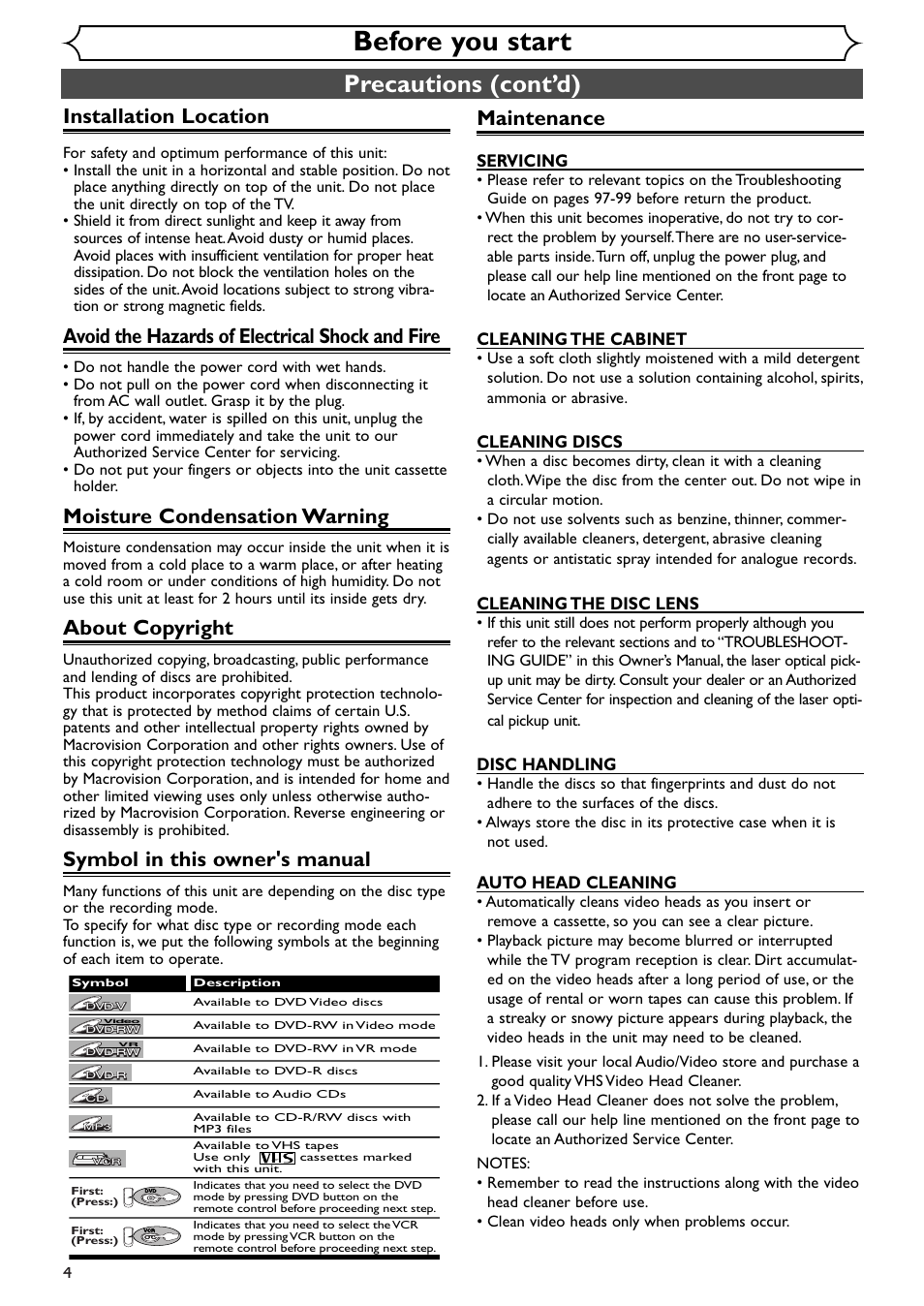 Before you start, Precautions (cont’d), Installation location | Avoid the hazards of electrical shock and fire, Moisture condensation warning, About copyright, Symbol in this owner's manual, Maintenance, Servicing, Cleaning the cabinet | Emerson EWR20V4 User Manual | Page 4 / 108