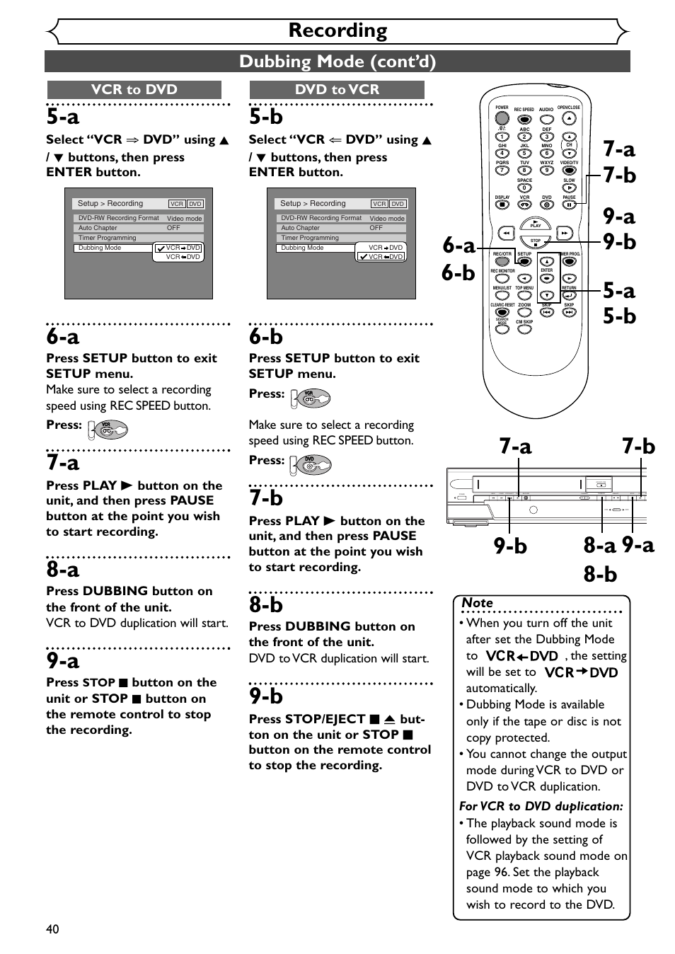 A 5-a 5-b 6-b, Recording, Dubbing mode (cont’d) | Dvd to vcr, Vcr to dvd, Press, Button on the unit or stop, Button on the remote control to stop the recording | Emerson EWR20V4 User Manual | Page 40 / 108