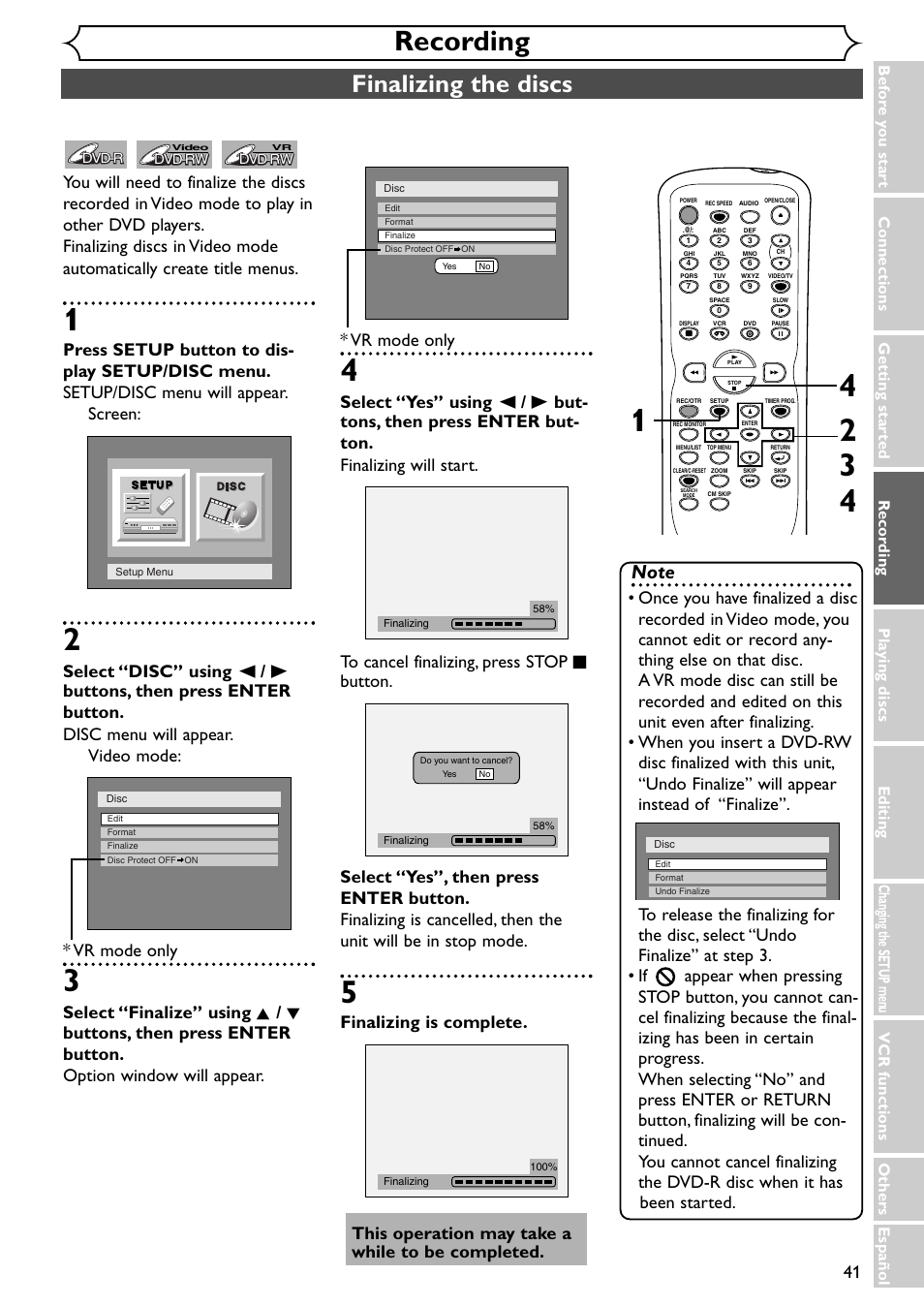 Recording, Finalizing the discs | Emerson EWR20V4 User Manual | Page 41 / 108