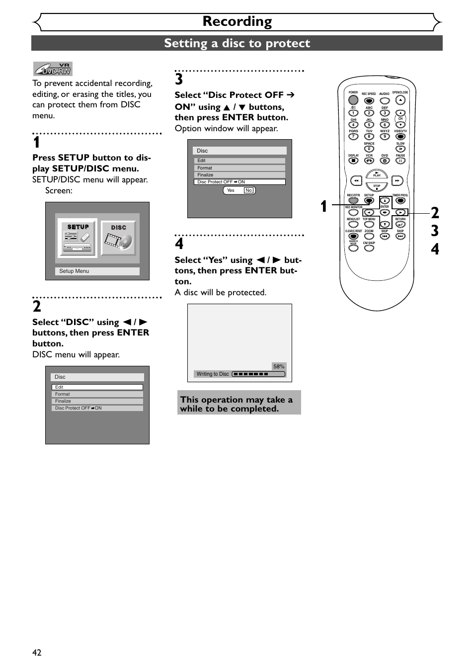 Recording, Setting a disc to protect | Emerson EWR20V4 User Manual | Page 42 / 108