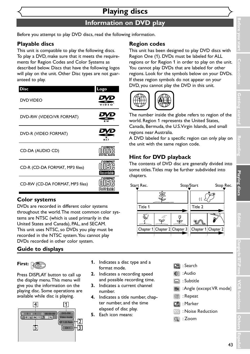 Playing discs, Information on dvd play, Playable discs | Color systems, Region codes, Hint for dvd playback, Guide to displays | Emerson EWR20V4 User Manual | Page 43 / 108