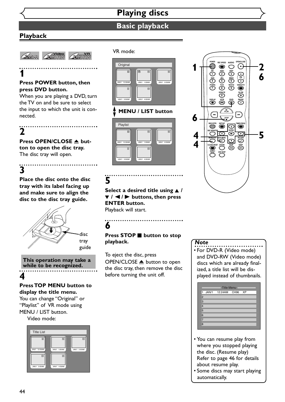 Playing discs, Basic playback, Playback | Emerson EWR20V4 User Manual | Page 44 / 108