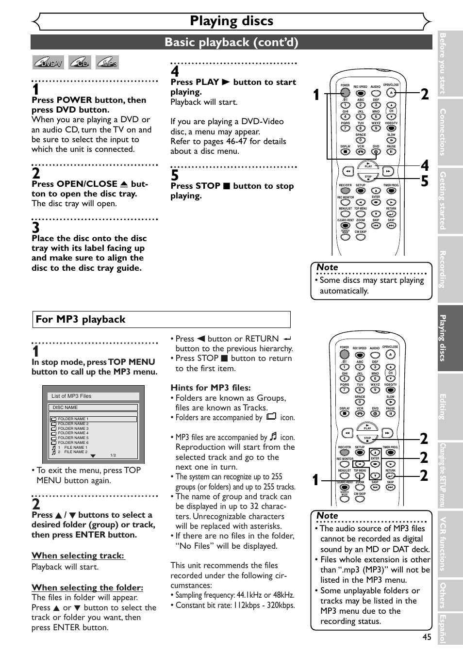Playing discs, Basic playback (cont’d), For mp3 playback | Press stop c button to stop playing, Some discs may start playing automatically | Emerson EWR20V4 User Manual | Page 45 / 108