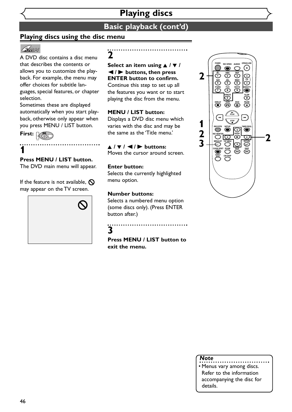 Playing discs, Basic playback (cont’d), Playing discs using the disc menu | Press menu / list button to exit the menu | Emerson EWR20V4 User Manual | Page 46 / 108