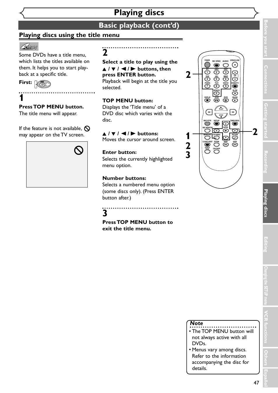 Playing discs, Basic playback (cont’d), Playing discs using the title menu | Press top menu button to exit the title menu | Emerson EWR20V4 User Manual | Page 47 / 108