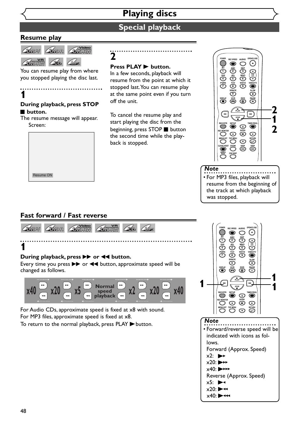 Playing discs, Special playback, Resume play | Fast forward / fast reverse, Normal speed playback | Emerson EWR20V4 User Manual | Page 48 / 108