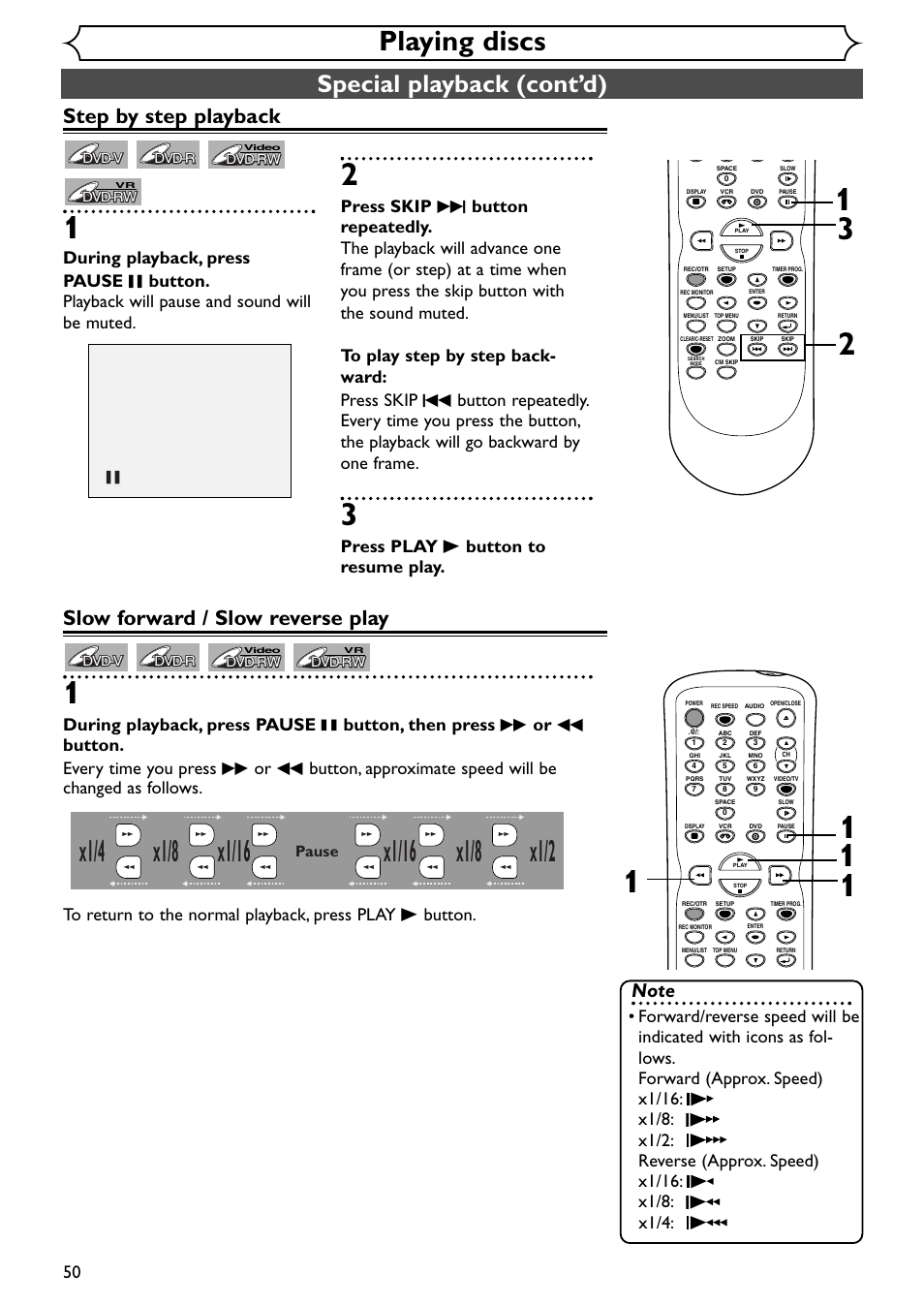 X1/8, Playing discs, Special playback (cont’d) | Step by step playback, Slow forward / slow reverse play, Press play b button to resume play, Pause | Emerson EWR20V4 User Manual | Page 50 / 108
