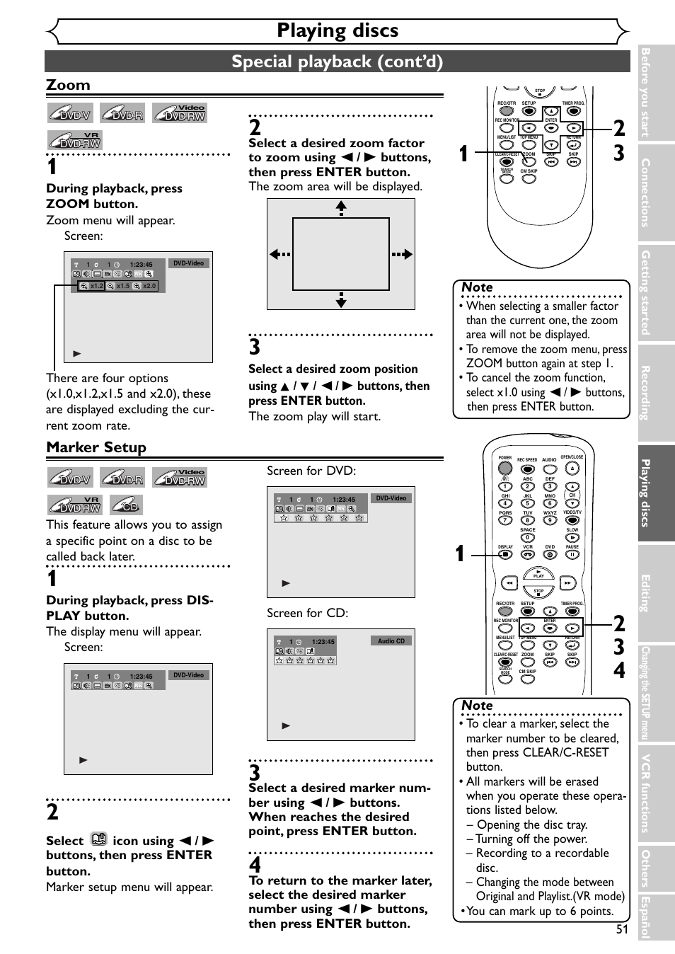 Playing discs, Special playback (cont’d), Zoom | Marker setup | Emerson EWR20V4 User Manual | Page 51 / 108