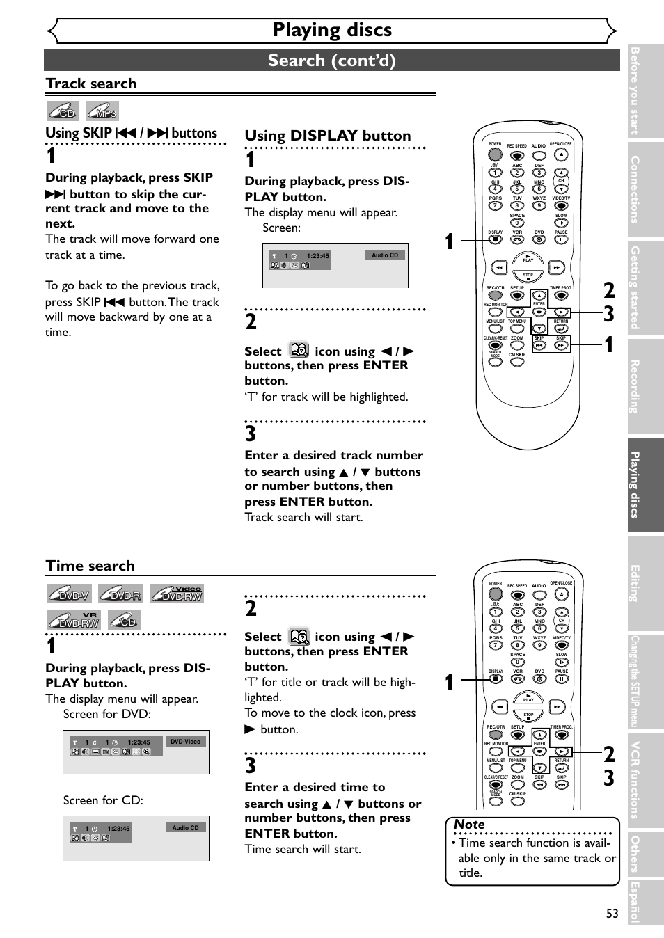 Playing discs, Search (cont’d), Track search using skip h / g buttons | Using display button, Time search | Emerson EWR20V4 User Manual | Page 53 / 108