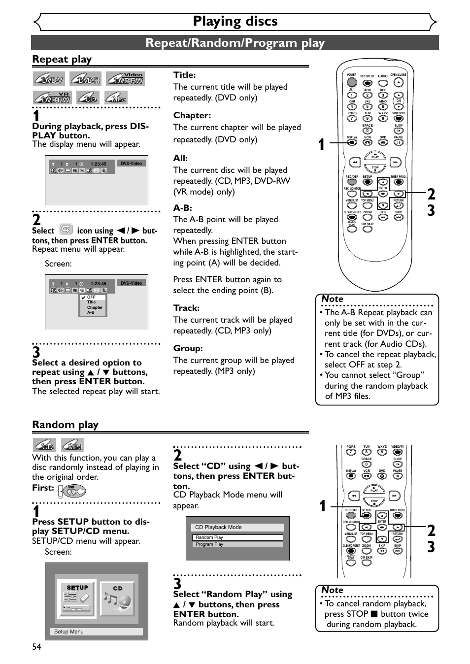 Playing discs, Repeat/random/program play, Repeat play | Random play | Emerson EWR20V4 User Manual | Page 54 / 108