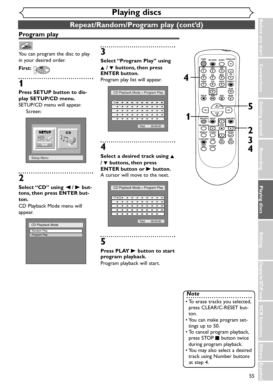 Playing discs, Repeat/random/program play (cont’d), Program play | Emerson EWR20V4 User Manual | Page 55 / 108
