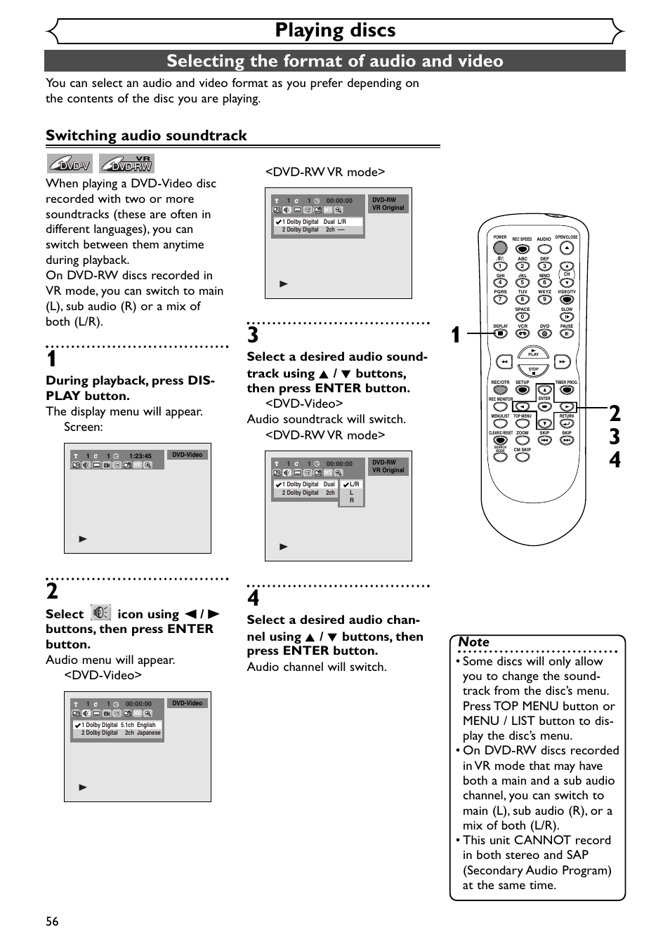 Playing discs, Selecting the format of audio and video, Switching audio soundtrack | Emerson EWR20V4 User Manual | Page 56 / 108