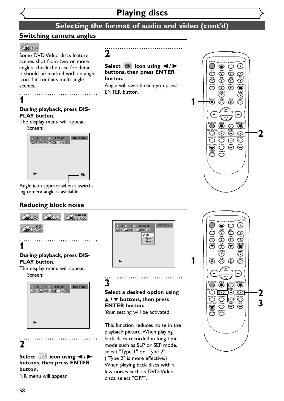 Playing discs, Selecting the format of audio and video (cont’d), Switching camera angles | Reducing block noise | Emerson EWR20V4 User Manual | Page 58 / 108