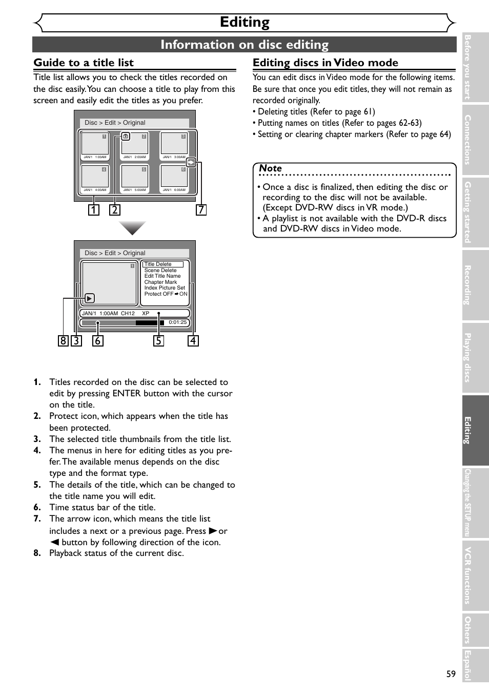 Editing, Information on disc editing, Guide to a title list | Editing discs in video mode | Emerson EWR20V4 User Manual | Page 59 / 108