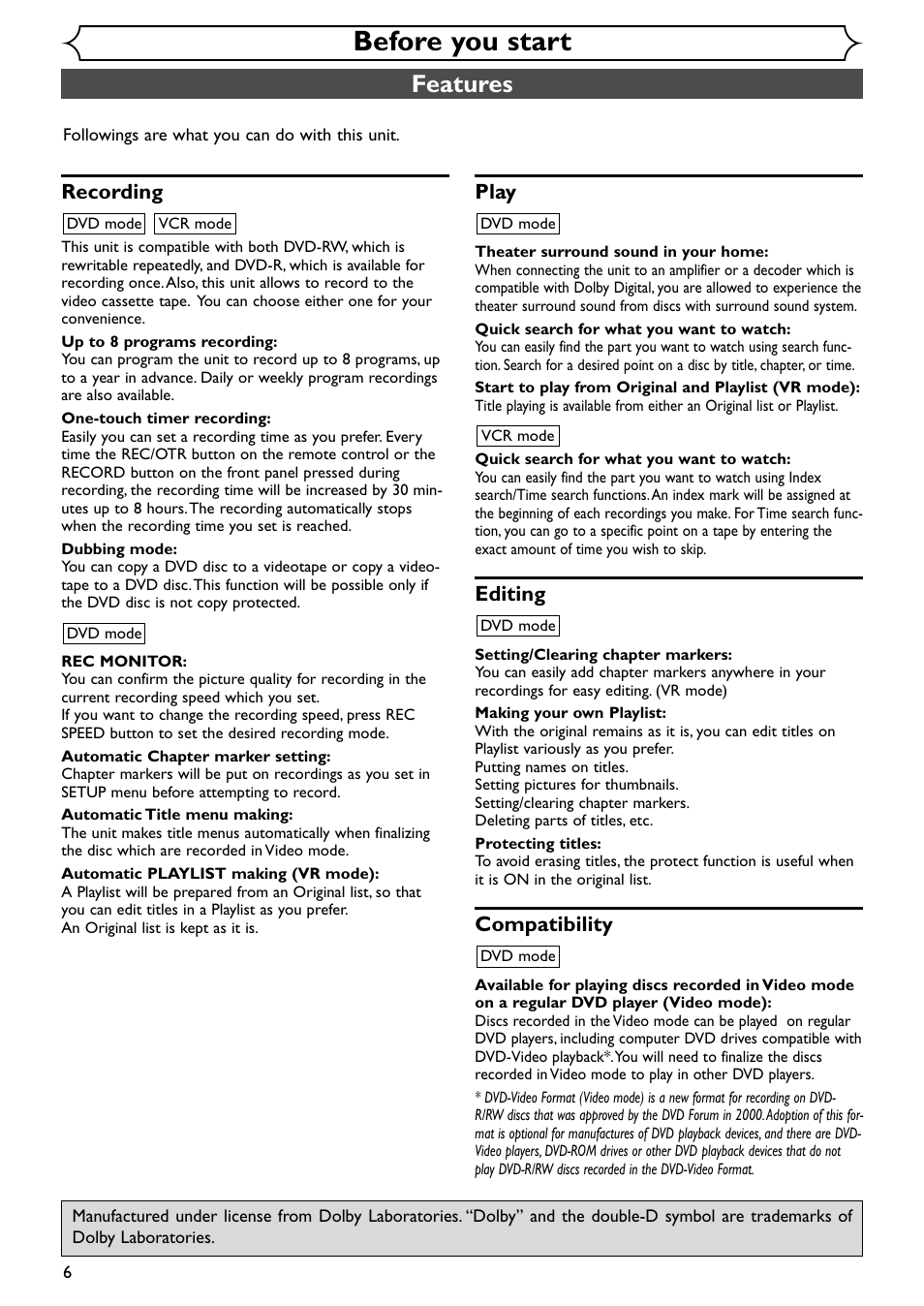 Before you start, Features, Recording | Play, Editing, Compatibility | Emerson EWR20V4 User Manual | Page 6 / 108