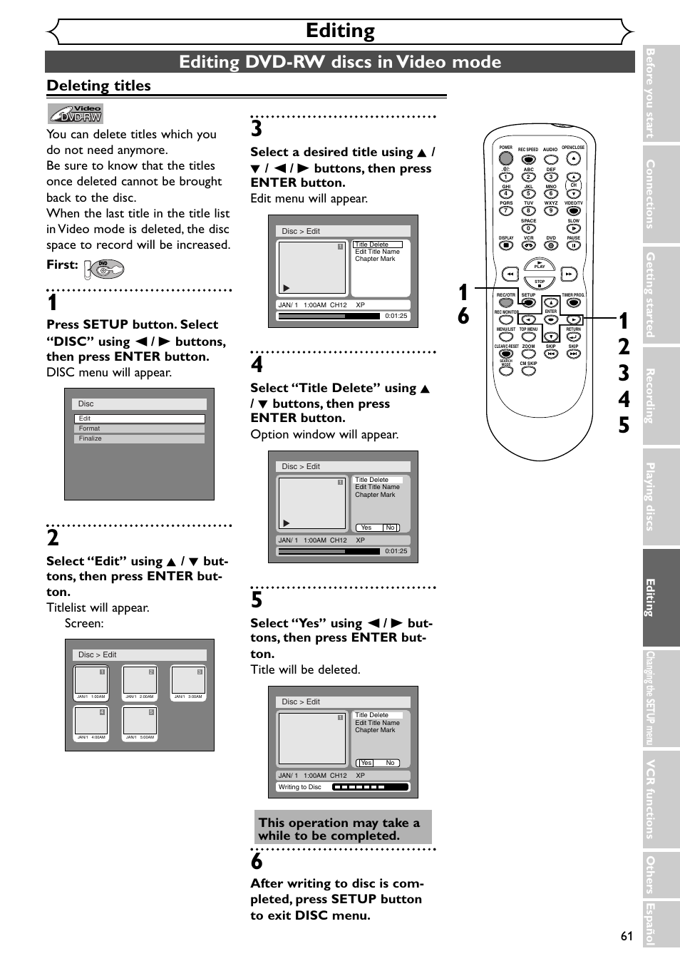 Editing, Editing dvd-rw discs in video mode, Deleting titles | Emerson EWR20V4 User Manual | Page 61 / 108