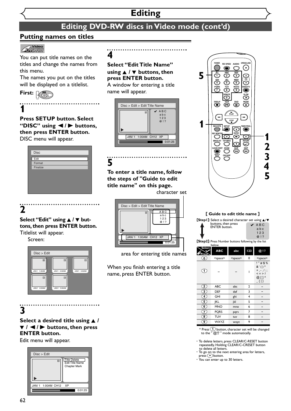 Editing, Editing dvd-rw discs in video mode (cont’d), Putting names on titles | Emerson EWR20V4 User Manual | Page 62 / 108