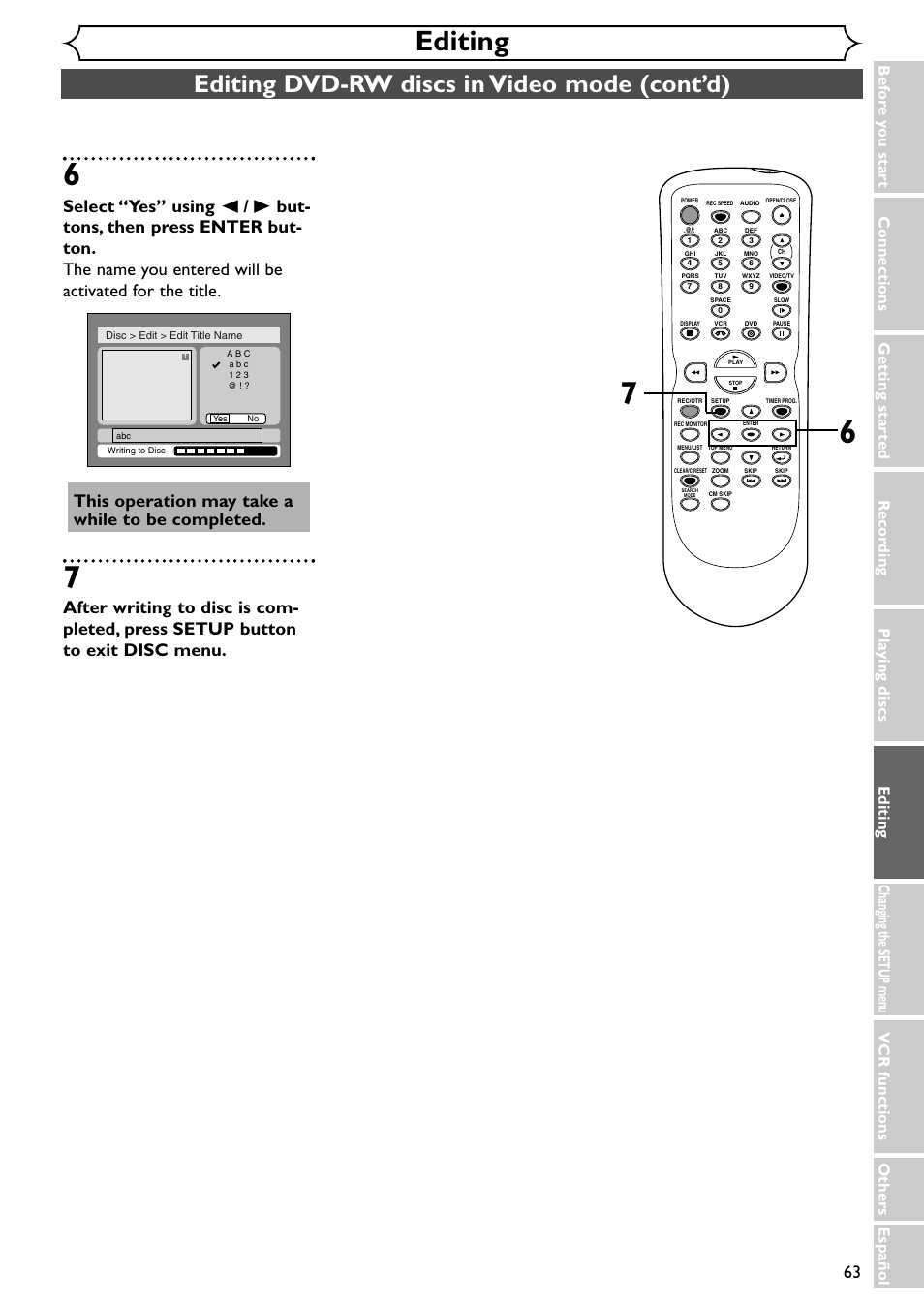 Editing, Editing dvd-rw discs in video mode (cont’d) | Emerson EWR20V4 User Manual | Page 63 / 108