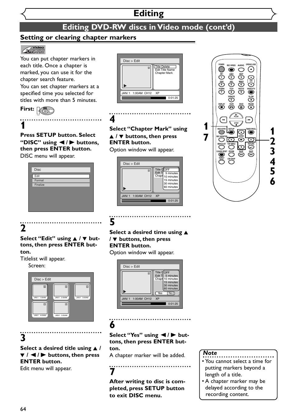 Editing, Editing dvd-rw discs in video mode (cont’d), Setting or clearing chapter markers | Emerson EWR20V4 User Manual | Page 64 / 108