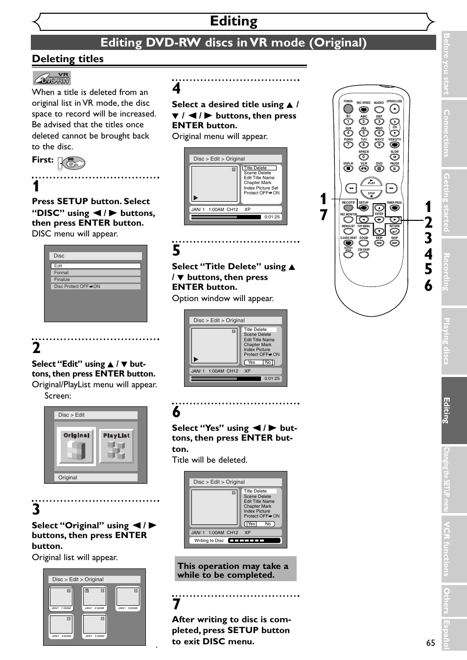 Editing, Editing dvd-rw discs in vr mode (original), Deleting titles | Emerson EWR20V4 User Manual | Page 65 / 108