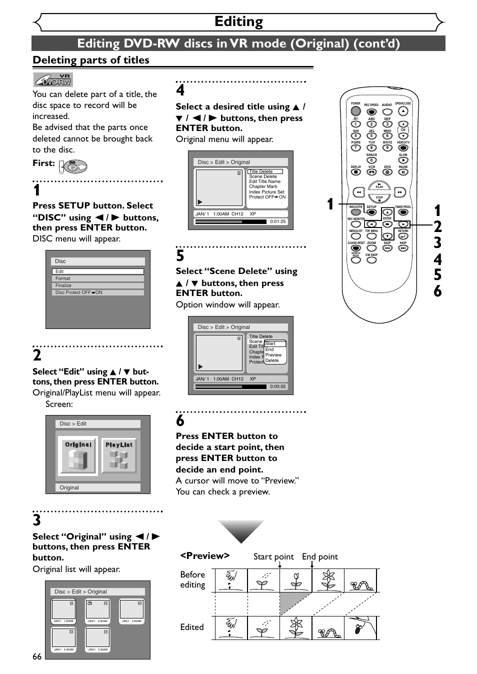 Editing, Deleting parts of titles, Preview | Before editing, Edited start point end point | Emerson EWR20V4 User Manual | Page 66 / 108