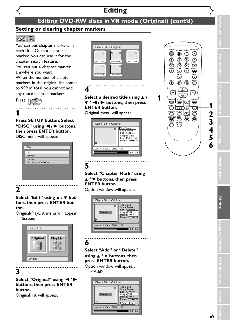 Editing, Setting or clearing chapter markers | Emerson EWR20V4 User Manual | Page 69 / 108