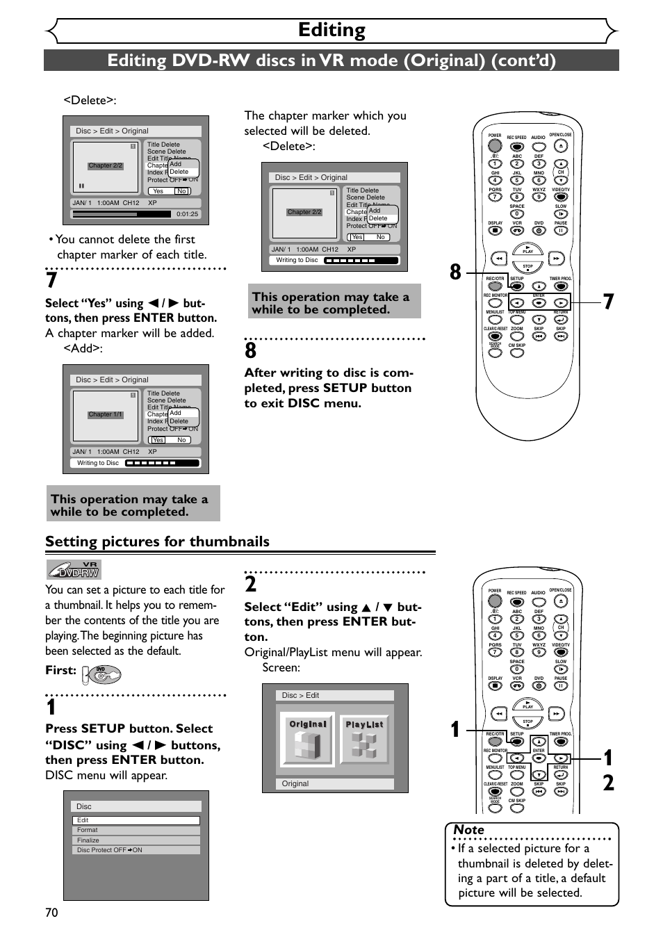 Editing, Setting pictures for thumbnails, This operation may take a while to be completed | Dvd-rw | Emerson EWR20V4 User Manual | Page 70 / 108