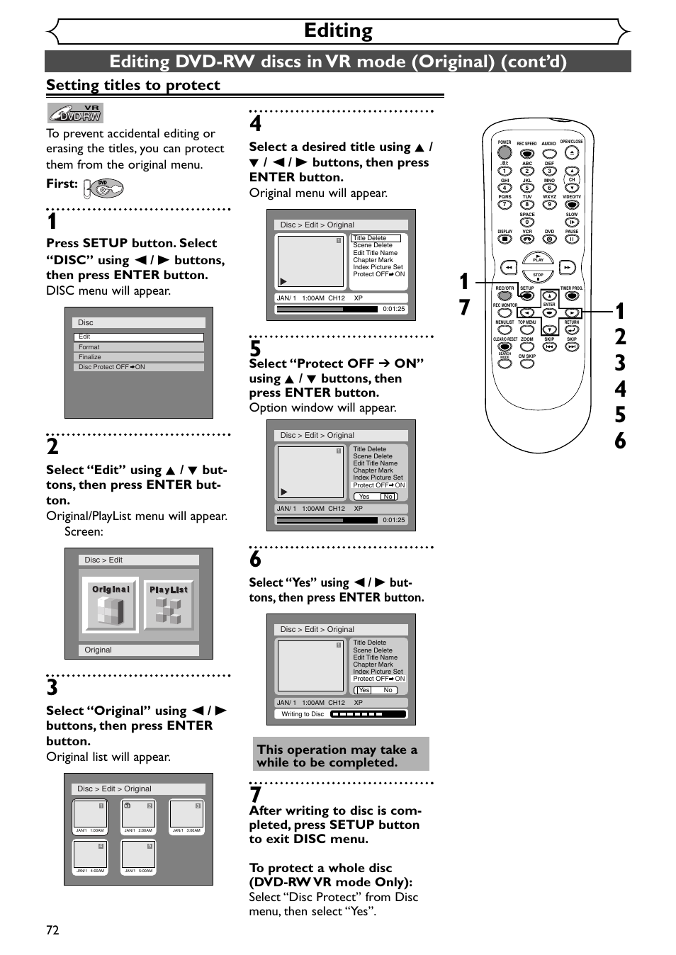 Editing, Setting titles to protect | Emerson EWR20V4 User Manual | Page 72 / 108