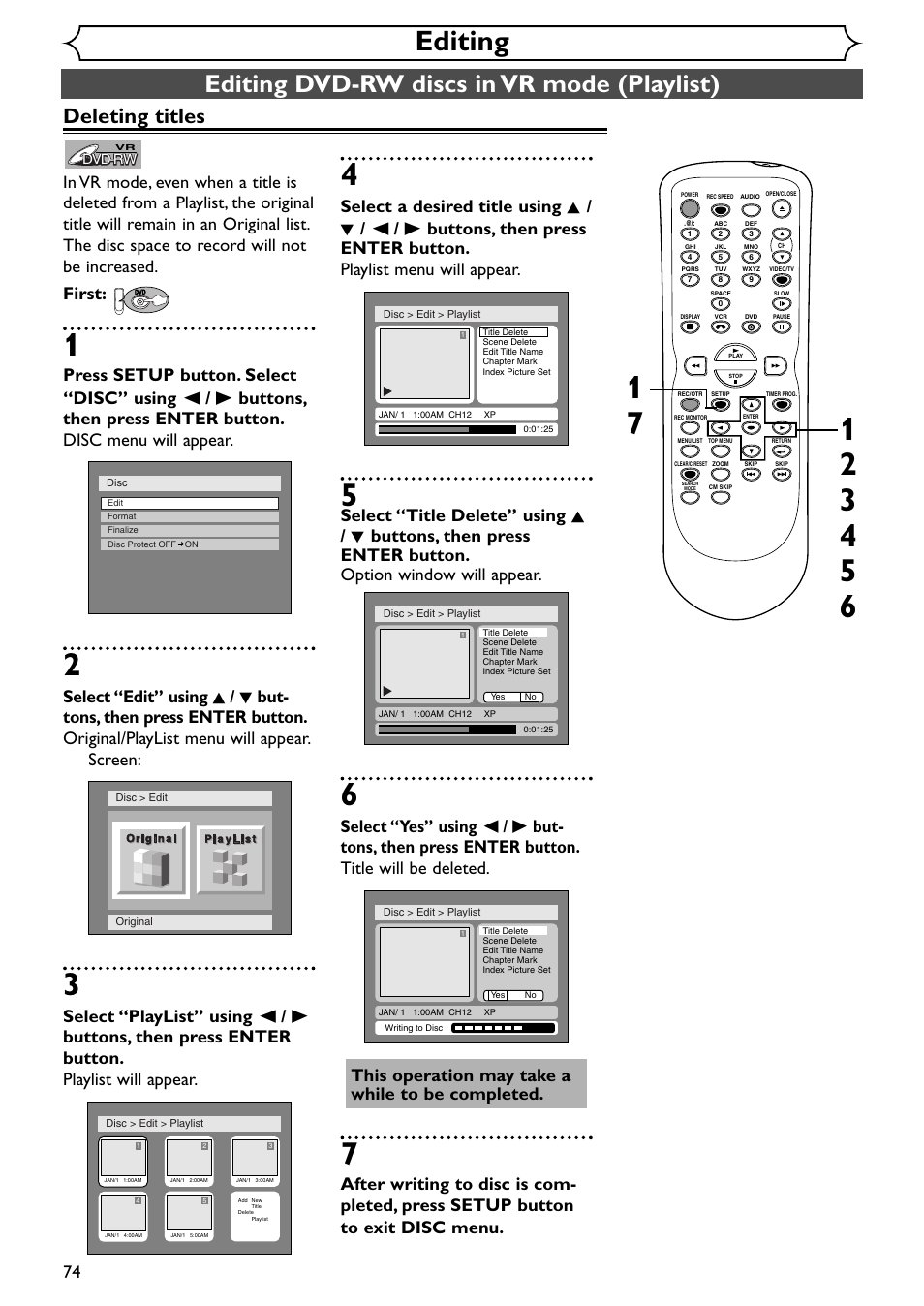 Editing, Editing dvd-rw discs in vr mode (playlist), Deleting titles | Emerson EWR20V4 User Manual | Page 74 / 108