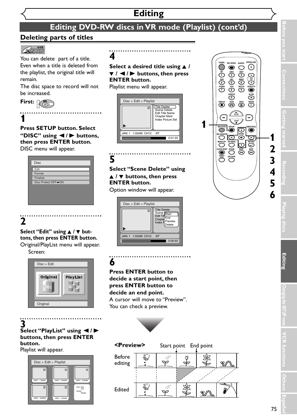 Editing, Deleting parts of titles, Preview | Before editing | Emerson EWR20V4 User Manual | Page 75 / 108