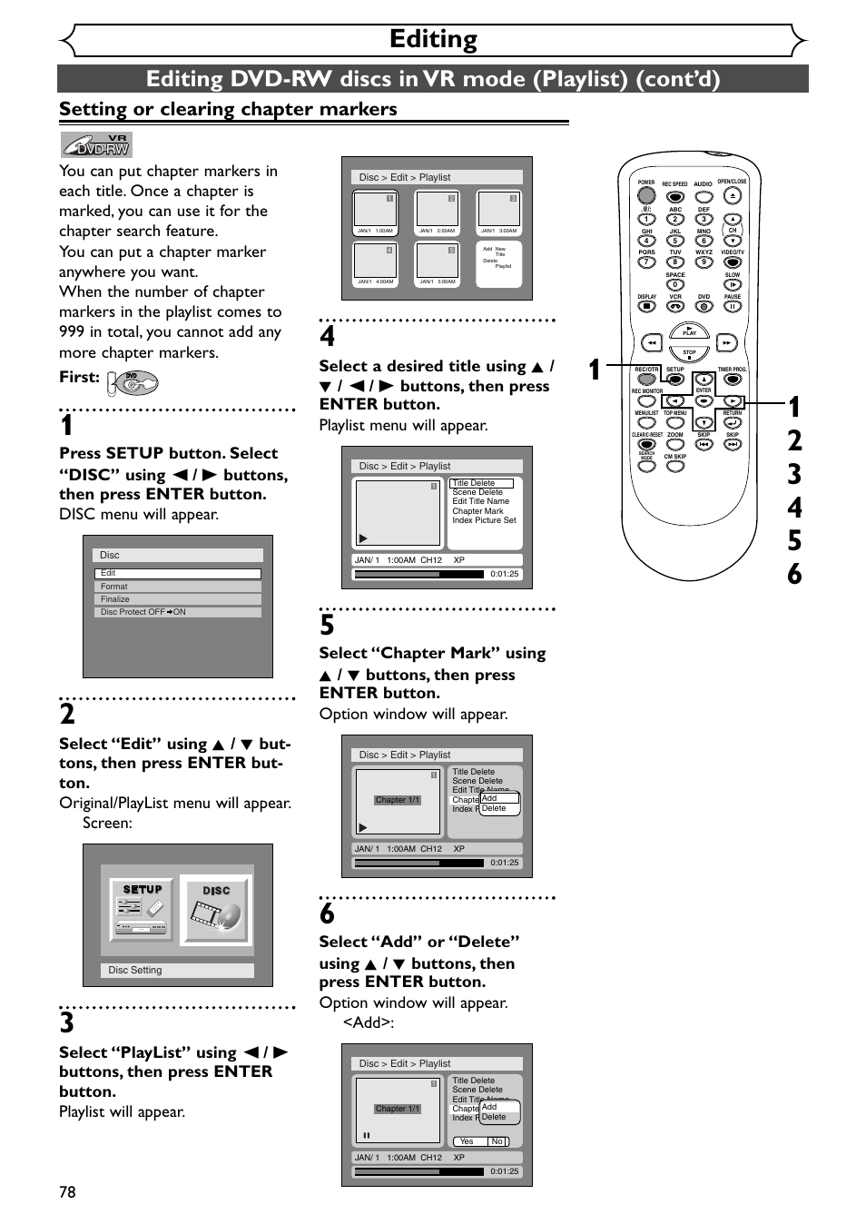Editing, Setting or clearing chapter markers | Emerson EWR20V4 User Manual | Page 78 / 108