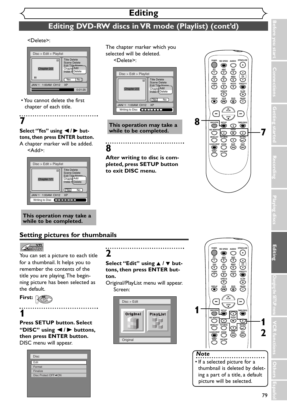 Editing, Setting pictures for thumbnails, This operation may take a while to be completed | Emerson EWR20V4 User Manual | Page 79 / 108