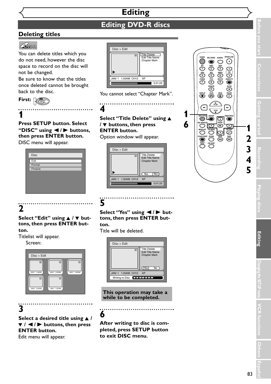 Editing, Editing dvd-r discs, Deleting titles | Emerson EWR20V4 User Manual | Page 83 / 108