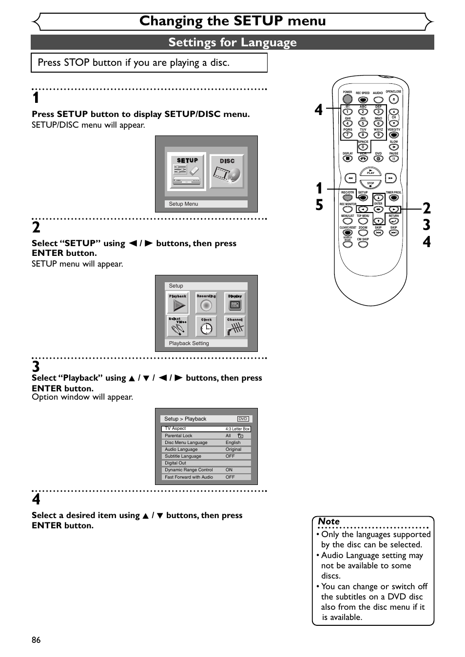 Changing the setup menu, Settings for language, Press stop button if you are playing a disc | Emerson EWR20V4 User Manual | Page 86 / 108