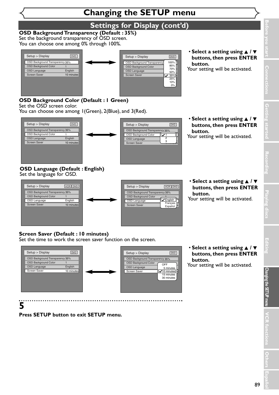 Changing the setup menu, Settings for display (cont’d), Press setup button to exit setup menu | Emerson EWR20V4 User Manual | Page 89 / 108