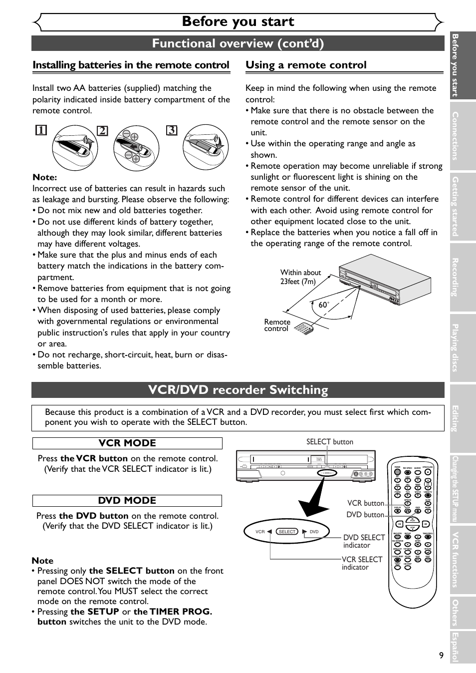 Before you start, Functional overview (cont’d), Vcr/dvd recorder switching | Using a remote control, Installing batteries in the remote control, Vcr mode, Dvd mode | Emerson EWR20V4 User Manual | Page 9 / 108