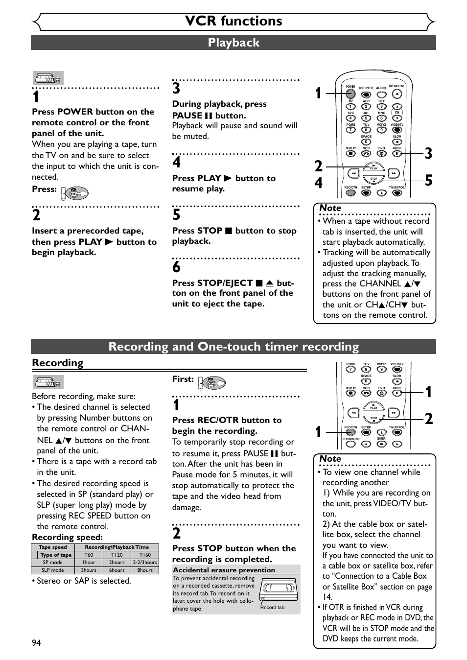 Vcr functions, Playback, Recording and one-touch timer recording | Recording, Press play b button to resume play, Press stop c button to stop playback, Press stop button when the recording is completed | Emerson EWR20V4 User Manual | Page 94 / 108
