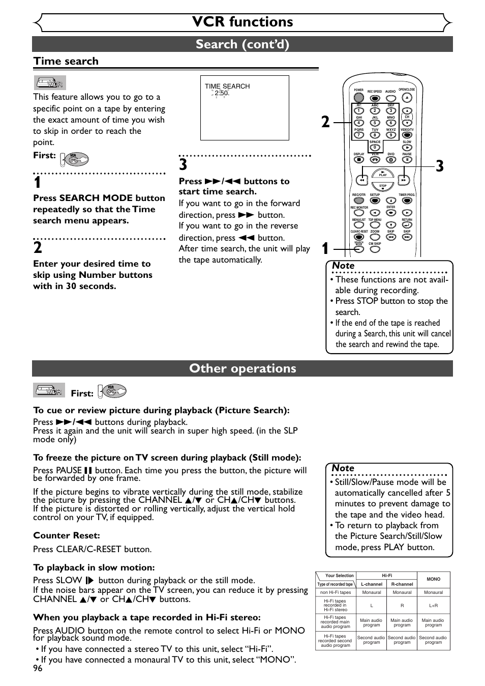 Vcr functions, Other operations, Search (cont’d) | Time search | Emerson EWR20V4 User Manual | Page 96 / 108