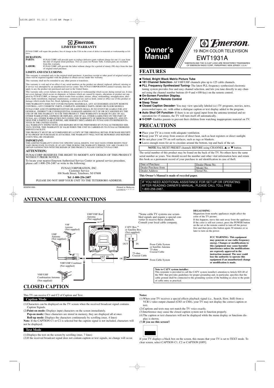 Emerson EWT1931A User Manual | 4 pages