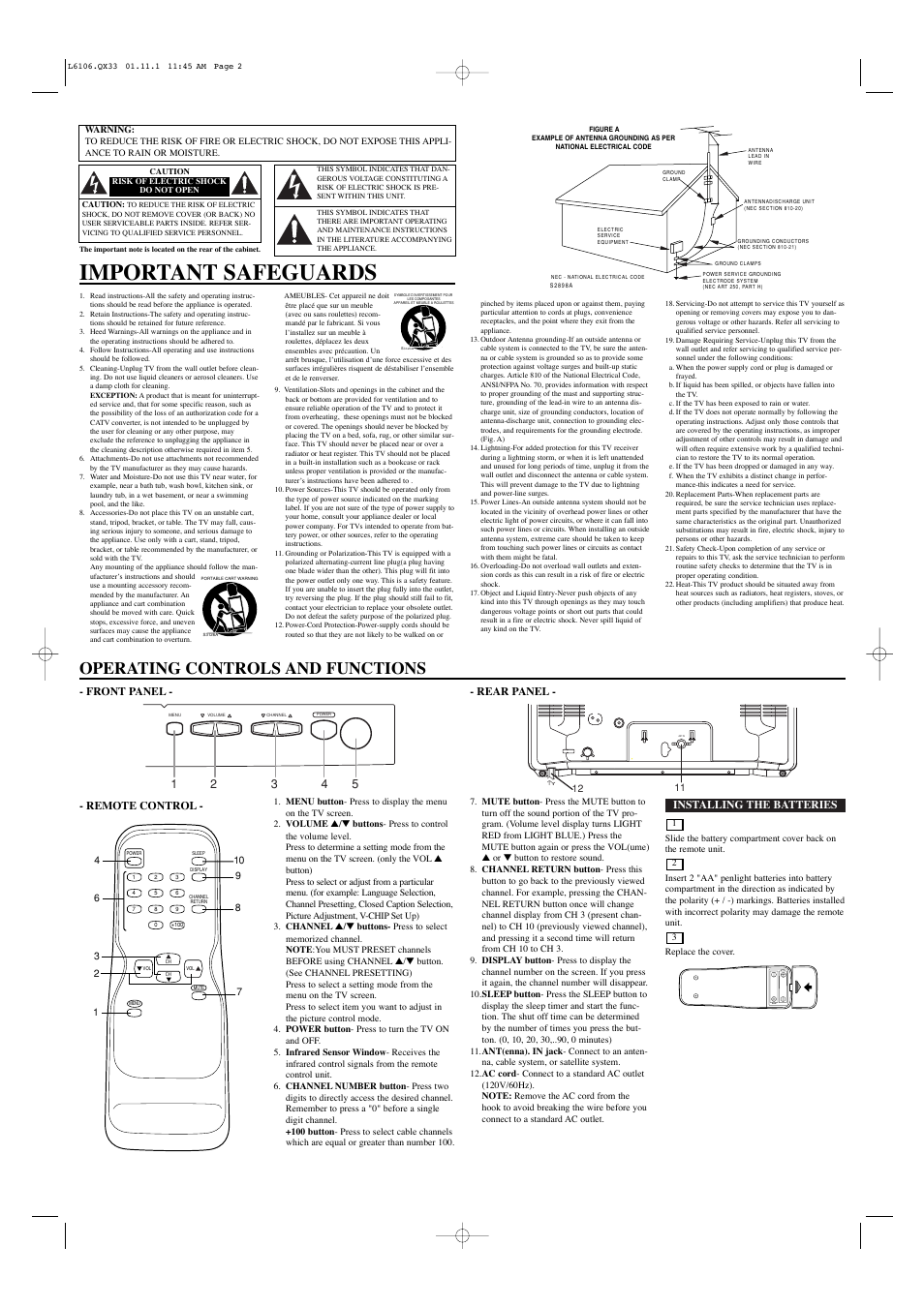Important safeguards, Operating controls and functions, Installing the batteries | Front panel - - rear panel, Remote control | Emerson EWT1931A User Manual | Page 2 / 4