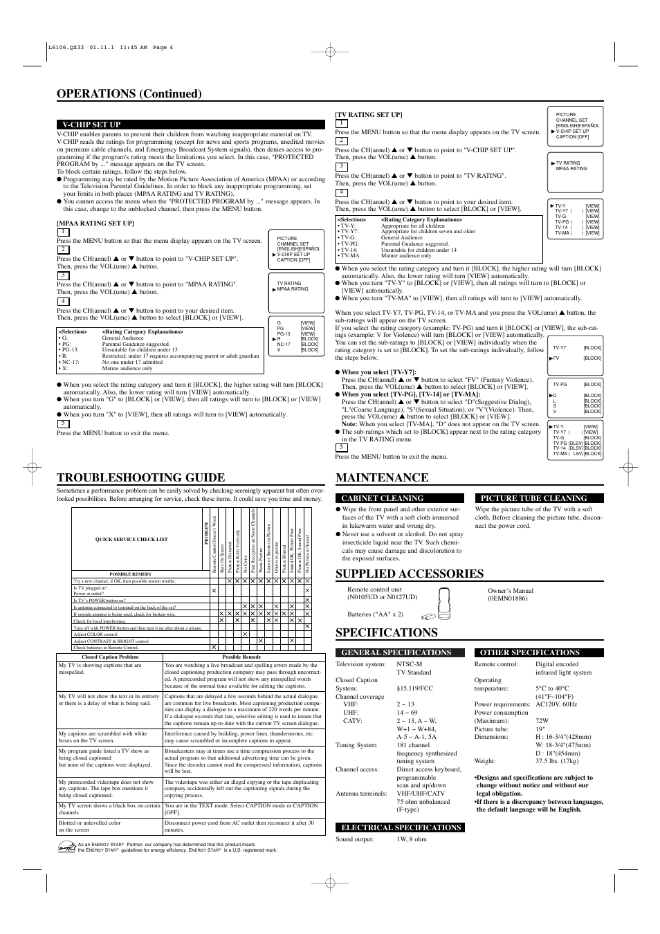 Specifications maintenance, Supplied accessories troubleshooting guide, Operations (continued) | Emerson EWT1931A User Manual | Page 4 / 4