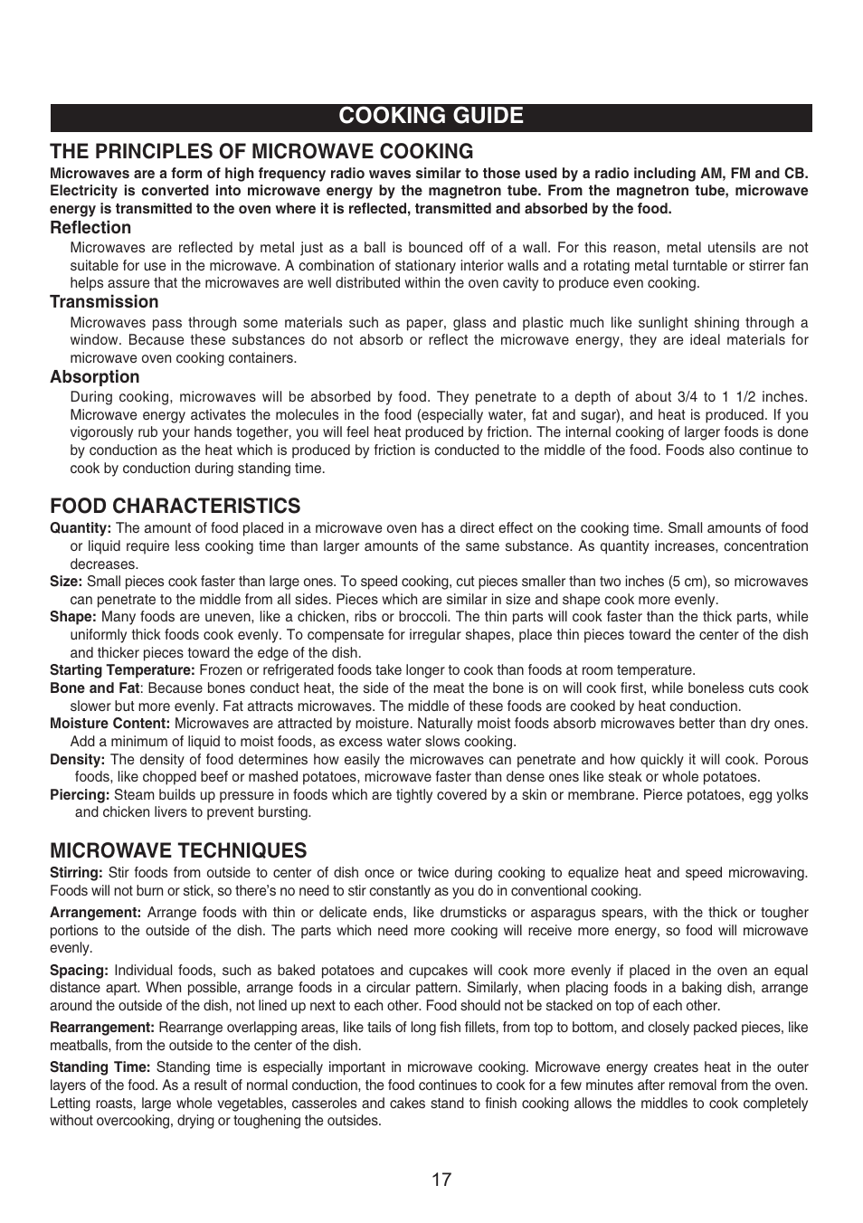 Cooking guide, The principles of microwave cooking, Food characteristics | Microwave techniques | Emerson Radio MW8992RD User Manual | Page 18 / 30